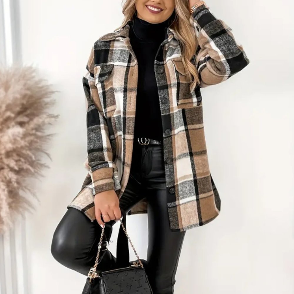 NWT Nine Britton Boyfriend Shacket Plaid Flannel Almond Brown Black SZ XL/XXL - Picture 2 of 16